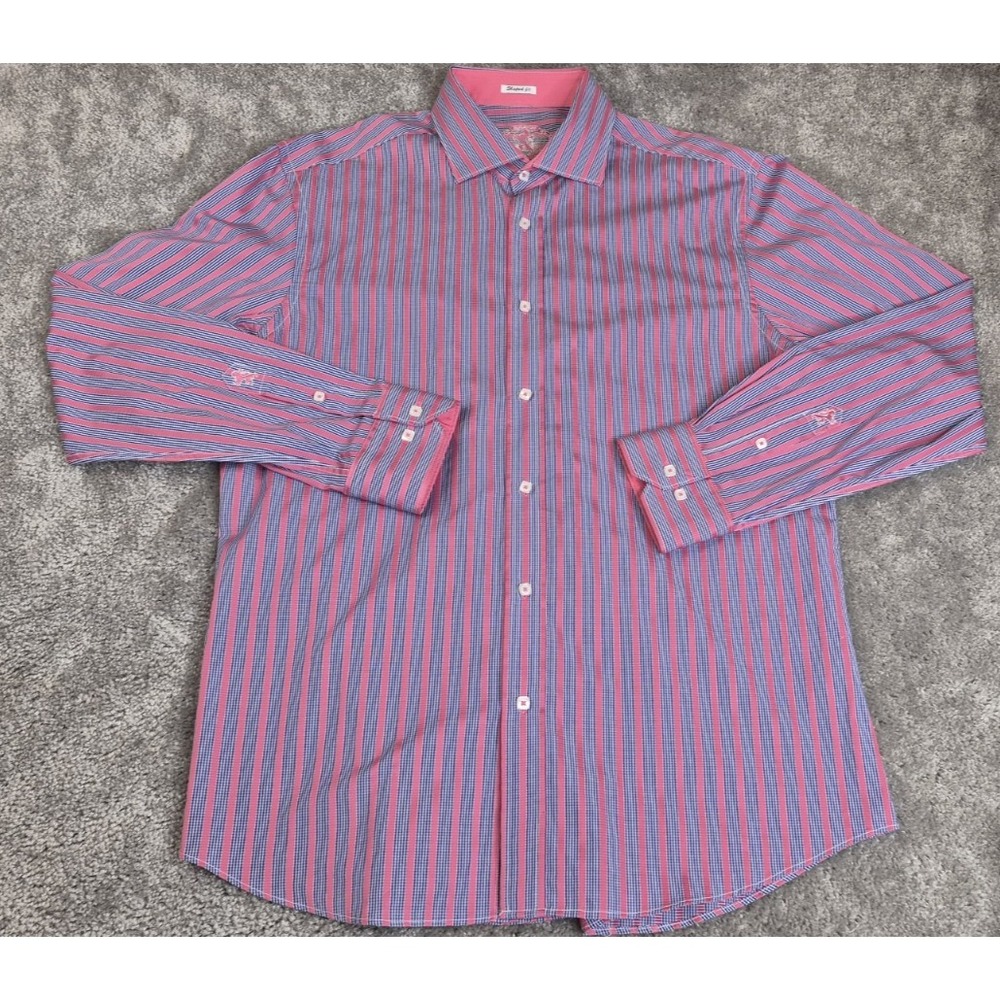 Bugatchi Shirt Mens Xtra Large Pink Striped Shaped Fit Button Up Long Sleeve *‎